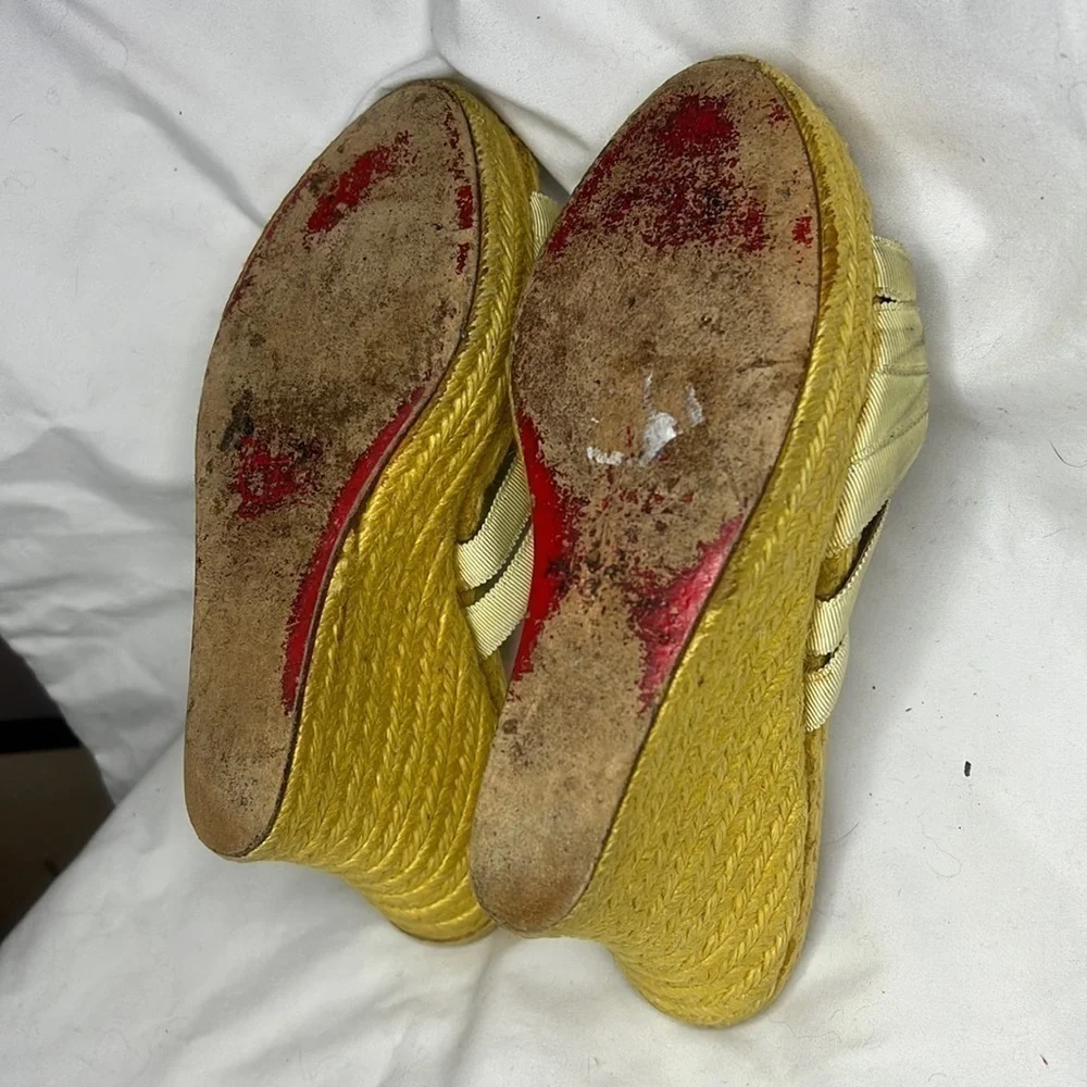 Christian Louboutin Sz 6 Yellow Ribbon Espadrille Wedges Heels Backless Sandals